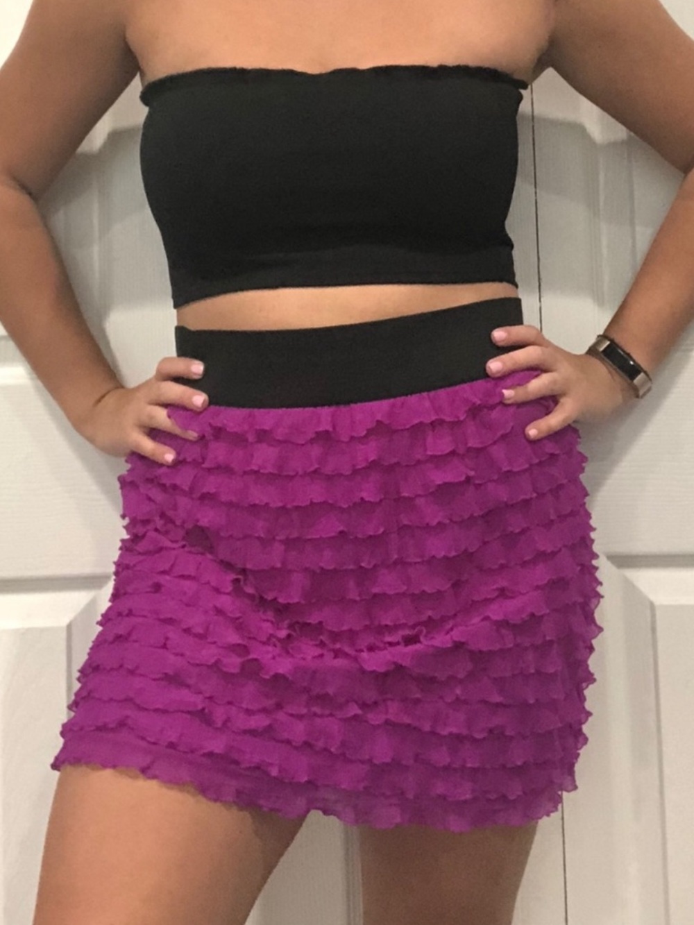 Free People Magenta Ruffle Mini Skirt with Black Waistband